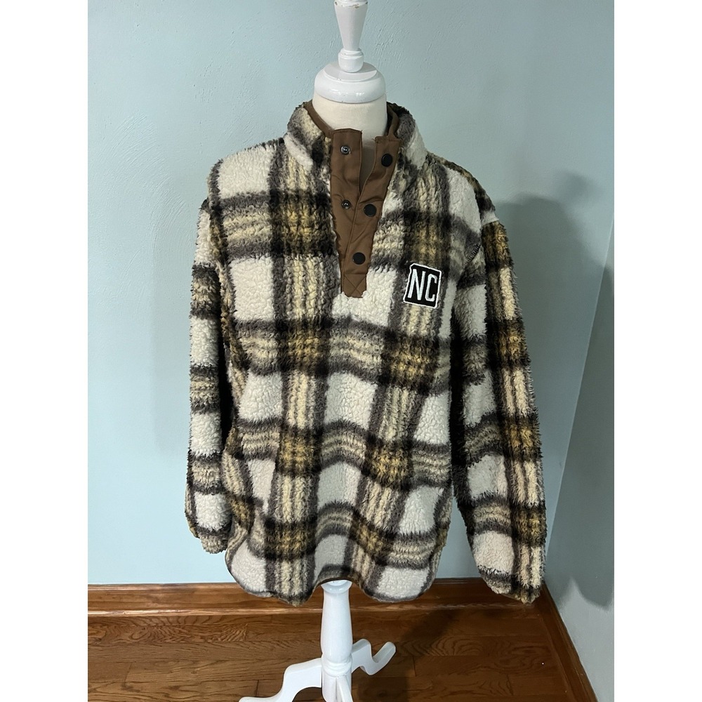 Home Free Plaid Sherpa Fleece Lined Pullover Sweater Quarter Button Up NC Sz‎ L